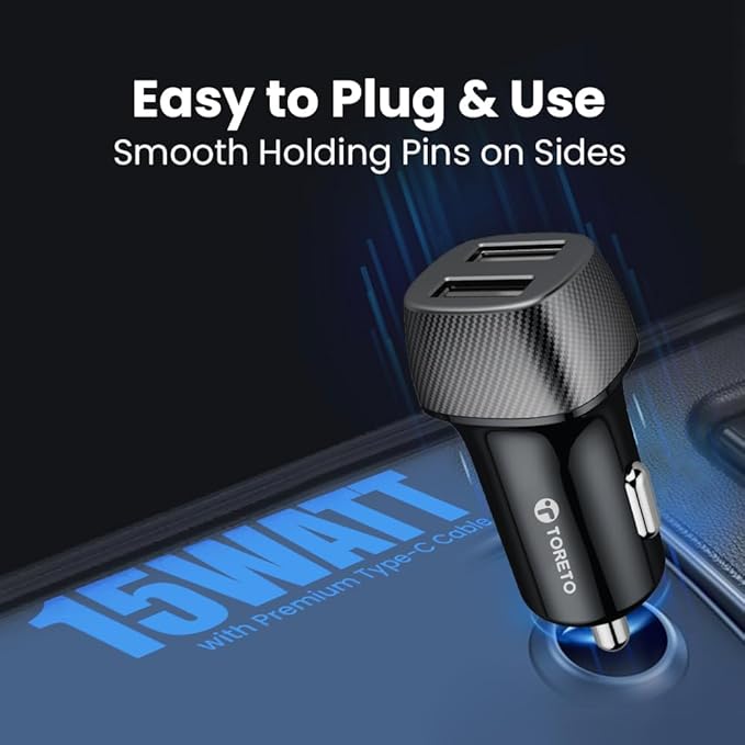 Toreto 15W Dual Port Fast Car Charger, 2.4amp Dual USB Output, Fast Charging